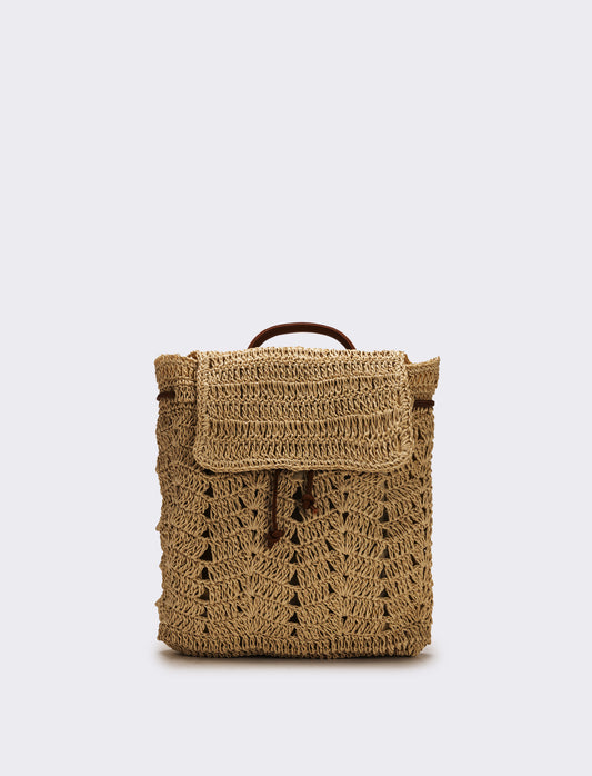 Zaino donna in raffia con patta - Marrone