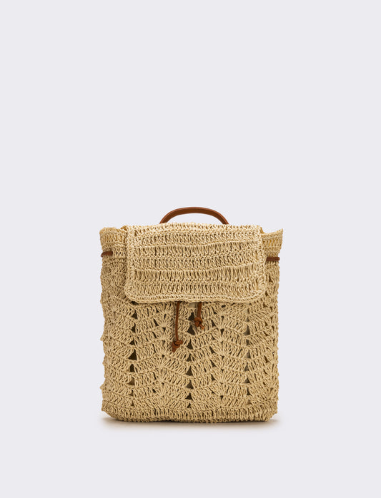 Zaino donna in raffia con patta - Beige