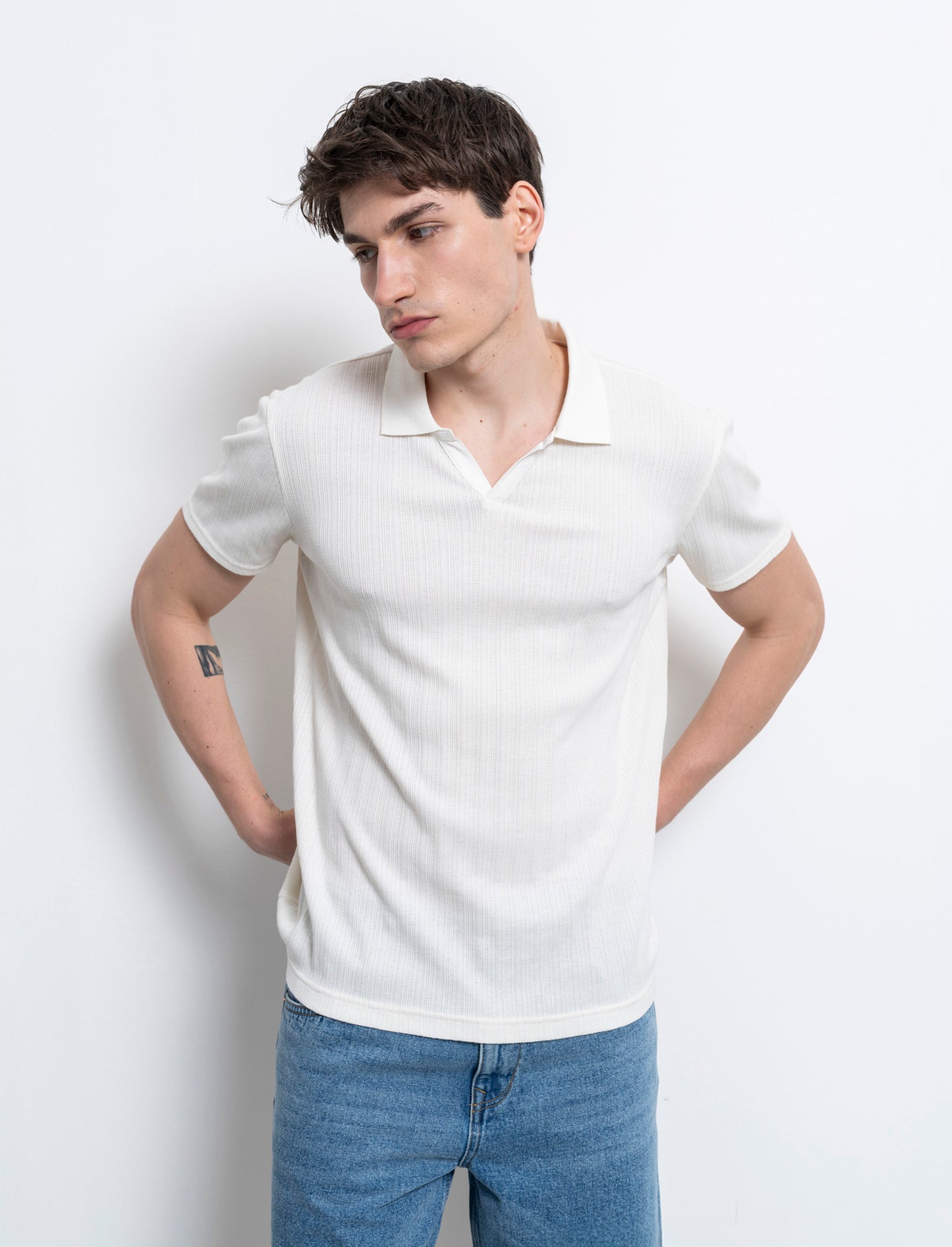 Polo struttura jacquard effetto maglia da uomo - Beige ecru