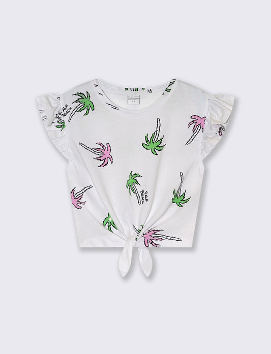 T-shirt stampata con nodo al fondo da bambina - Fantasia