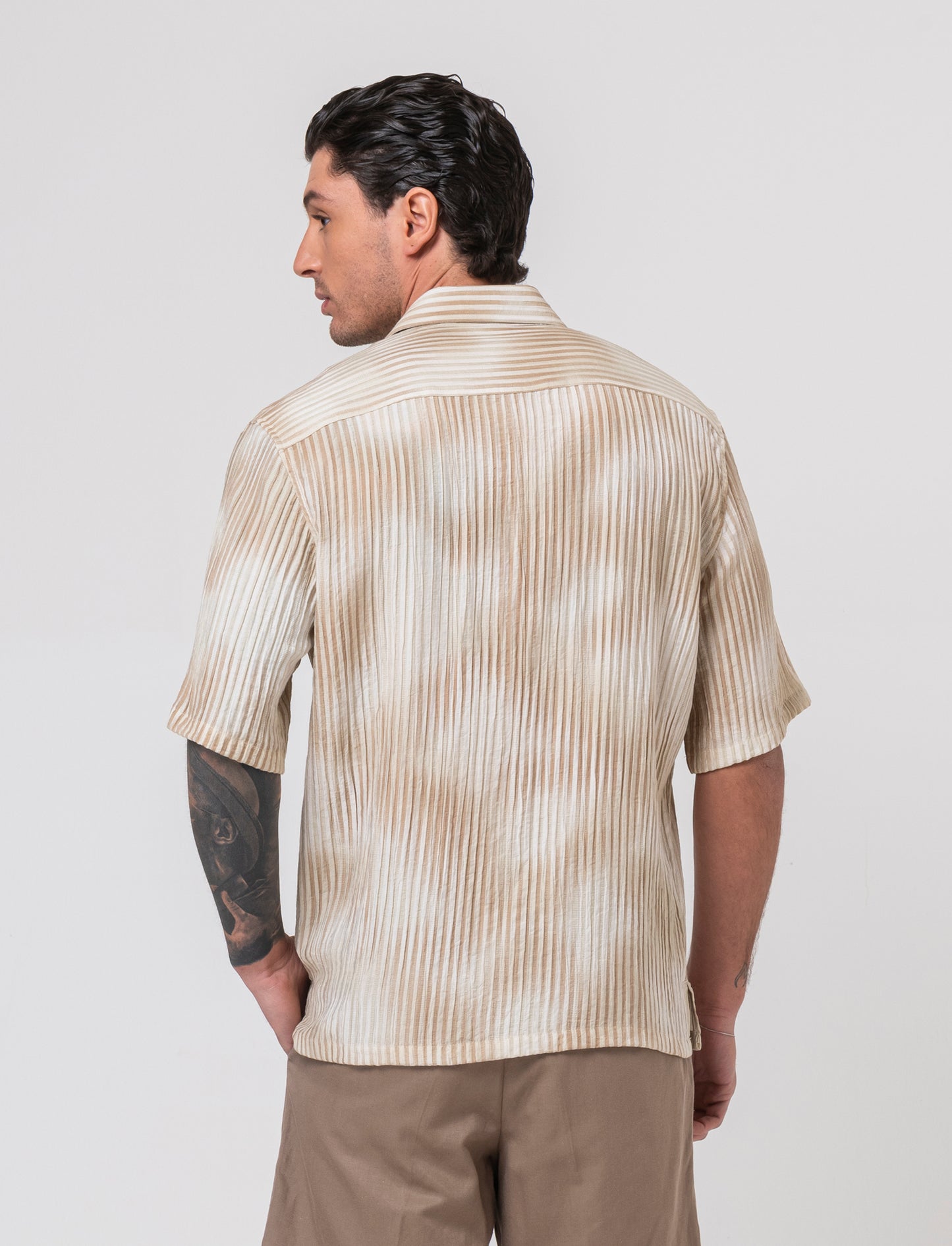 Camicia manica corta goffrata a righe da uomo - Beige