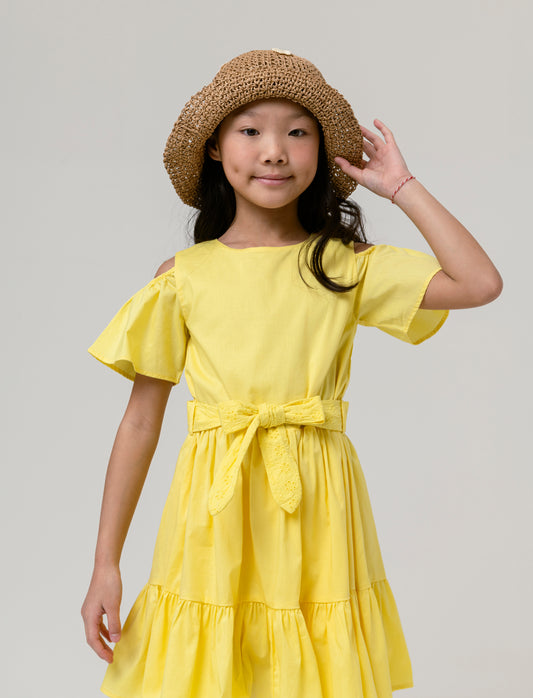 Vestito in cotone con fusciacca da bambina - Giallo