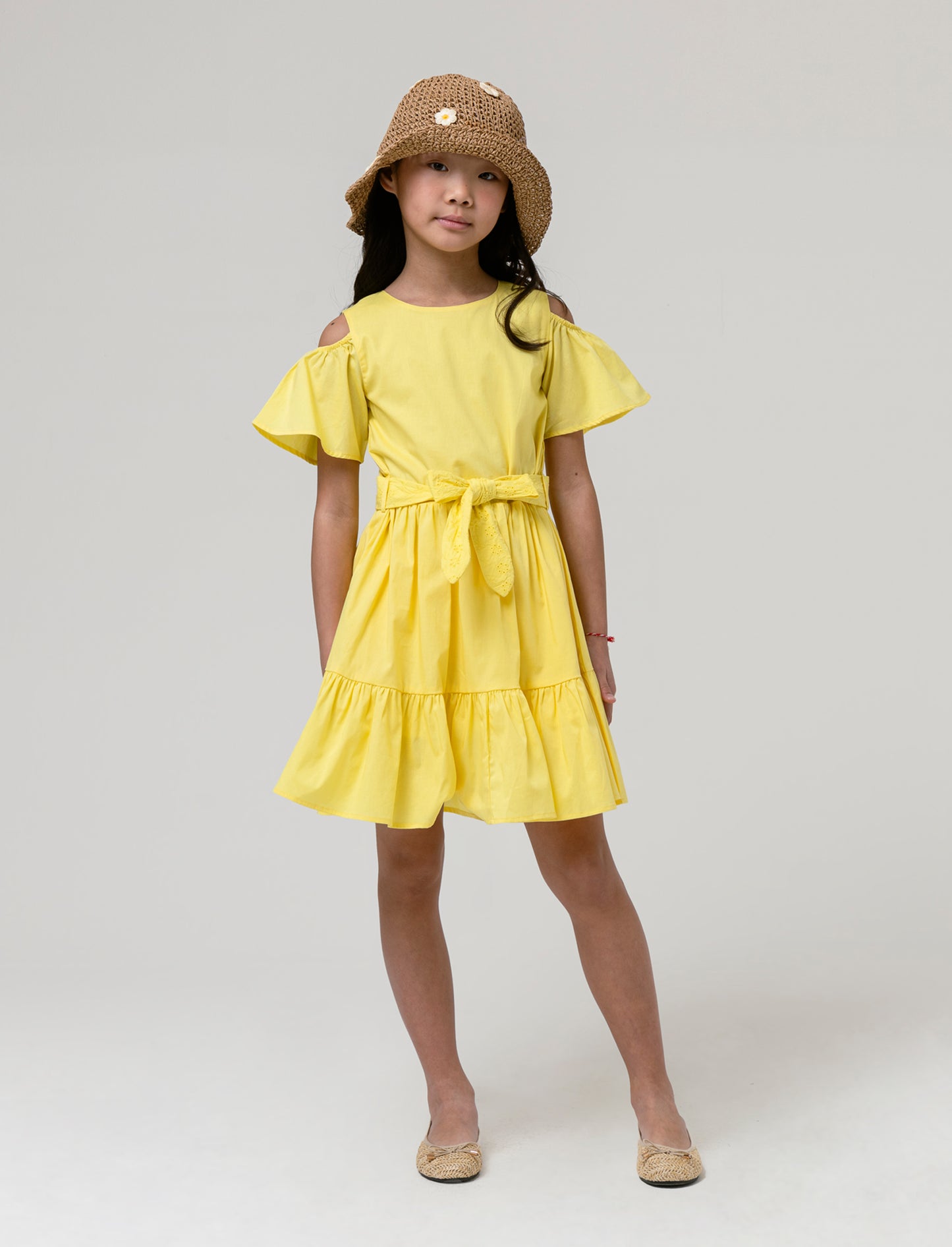 Vestito in cotone con fusciacca da bambina - Giallo