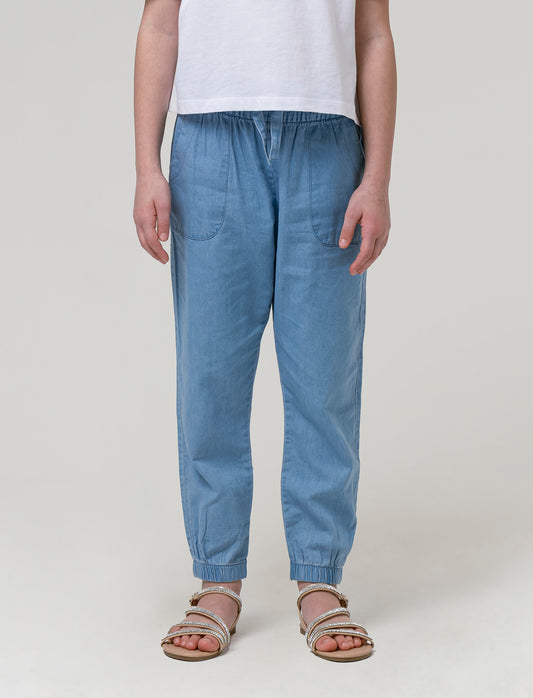 Pantaloni in chambray con elastico da bambina - Denim chiaro