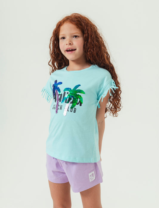 T-shirt con stampa e paillettes da bambina - Verde acqua