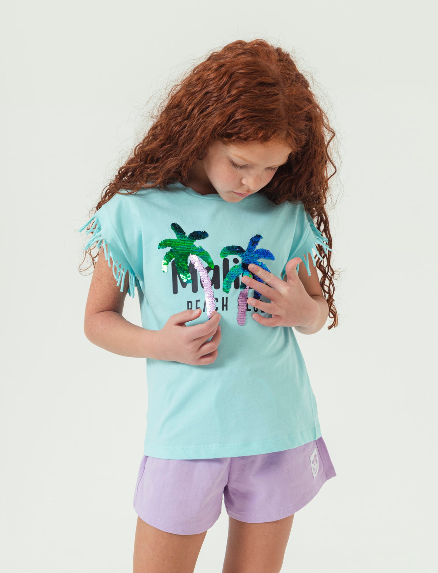 T-shirt con stampa e paillettes da bambina - Verde acqua