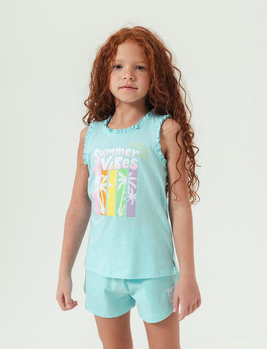 Canotta in cotone piccole rouches da bambina - Verde acqua