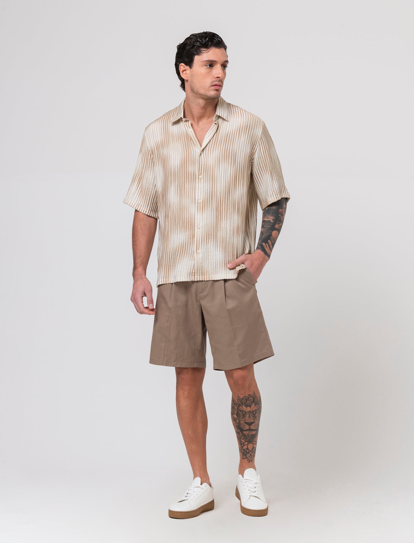 Bermuda chino relaxed fit in misto lino da uomo - Grigio tortora