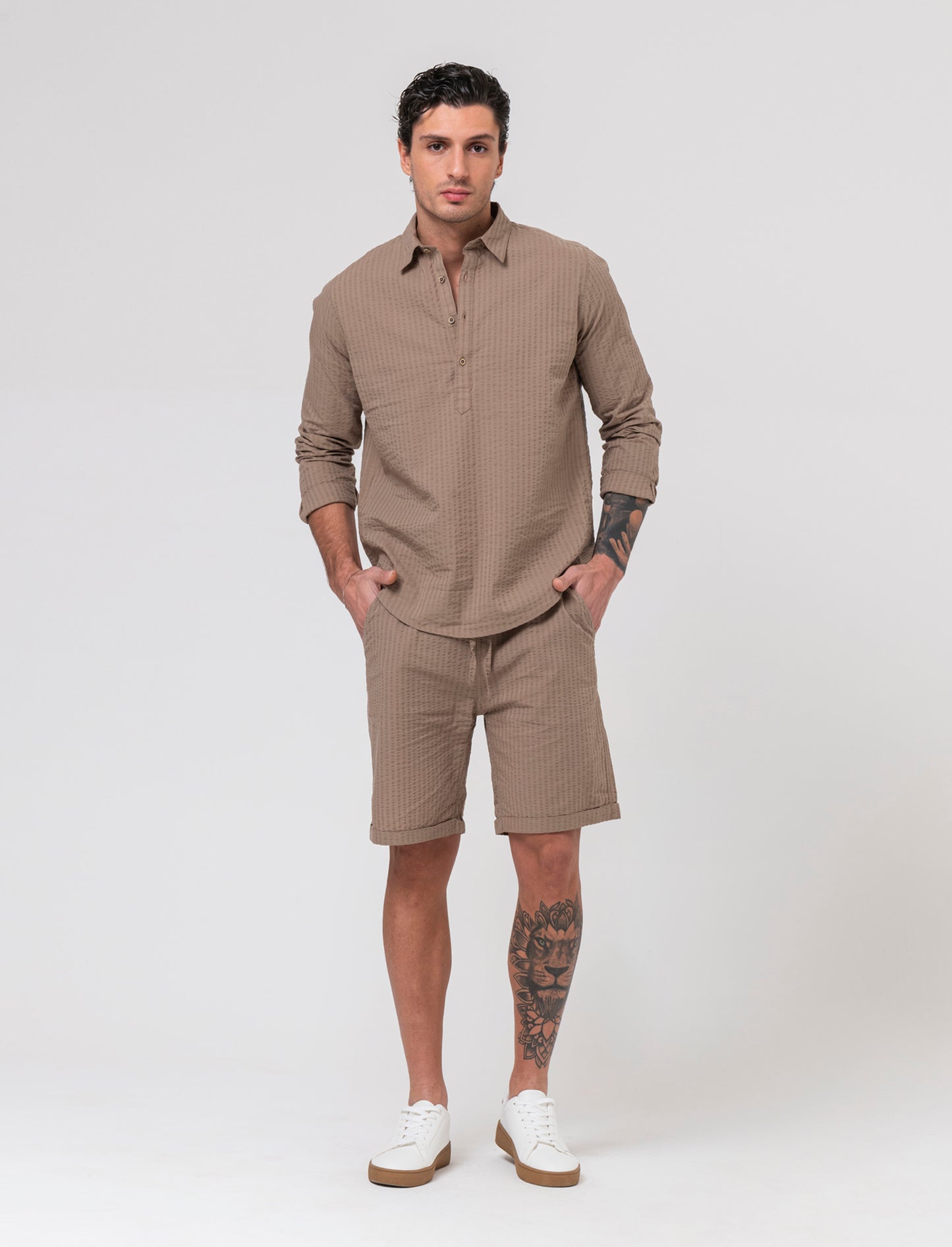 Bermuda jogger in seersucker da uomo - Grigio tortora