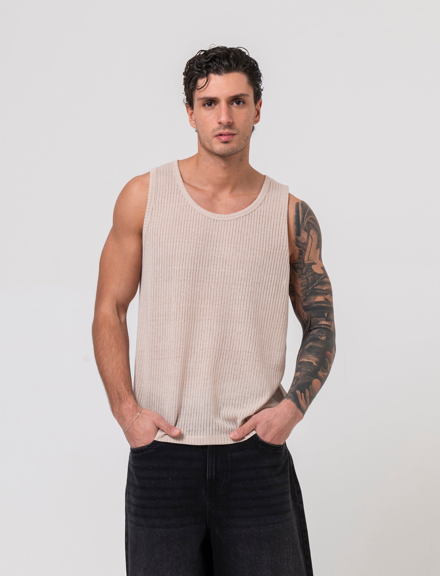 Canotta in tessuto a coste effetto maglia da uomo - Beige