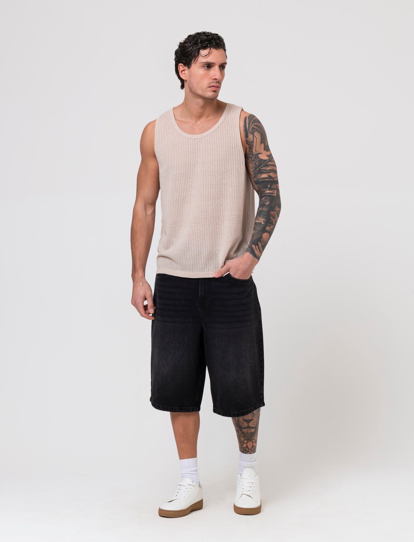 Canotta in tessuto a coste effetto maglia da uomo - Beige