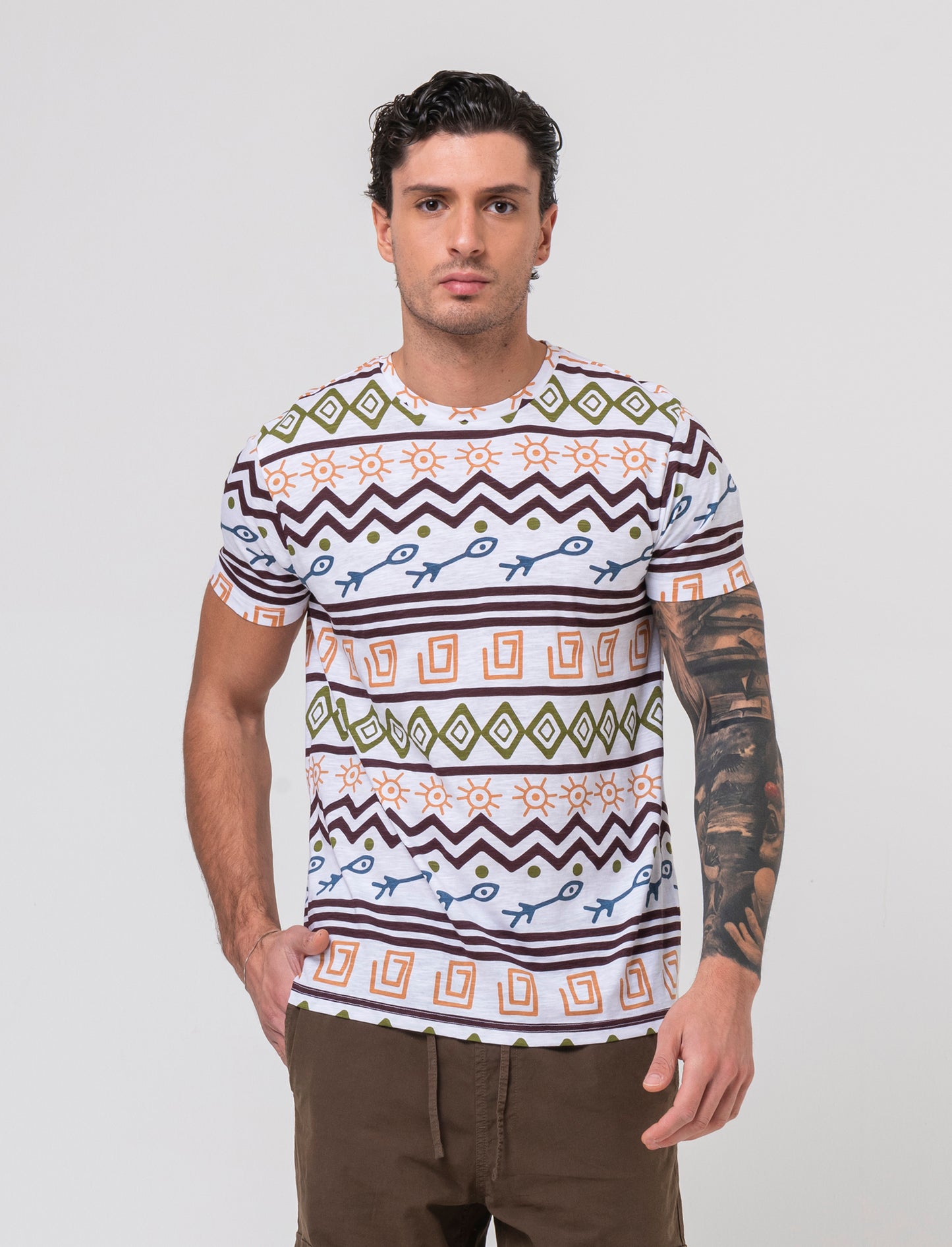 T-shirt in cotone slub con stampa azteca da uomo - Bianco