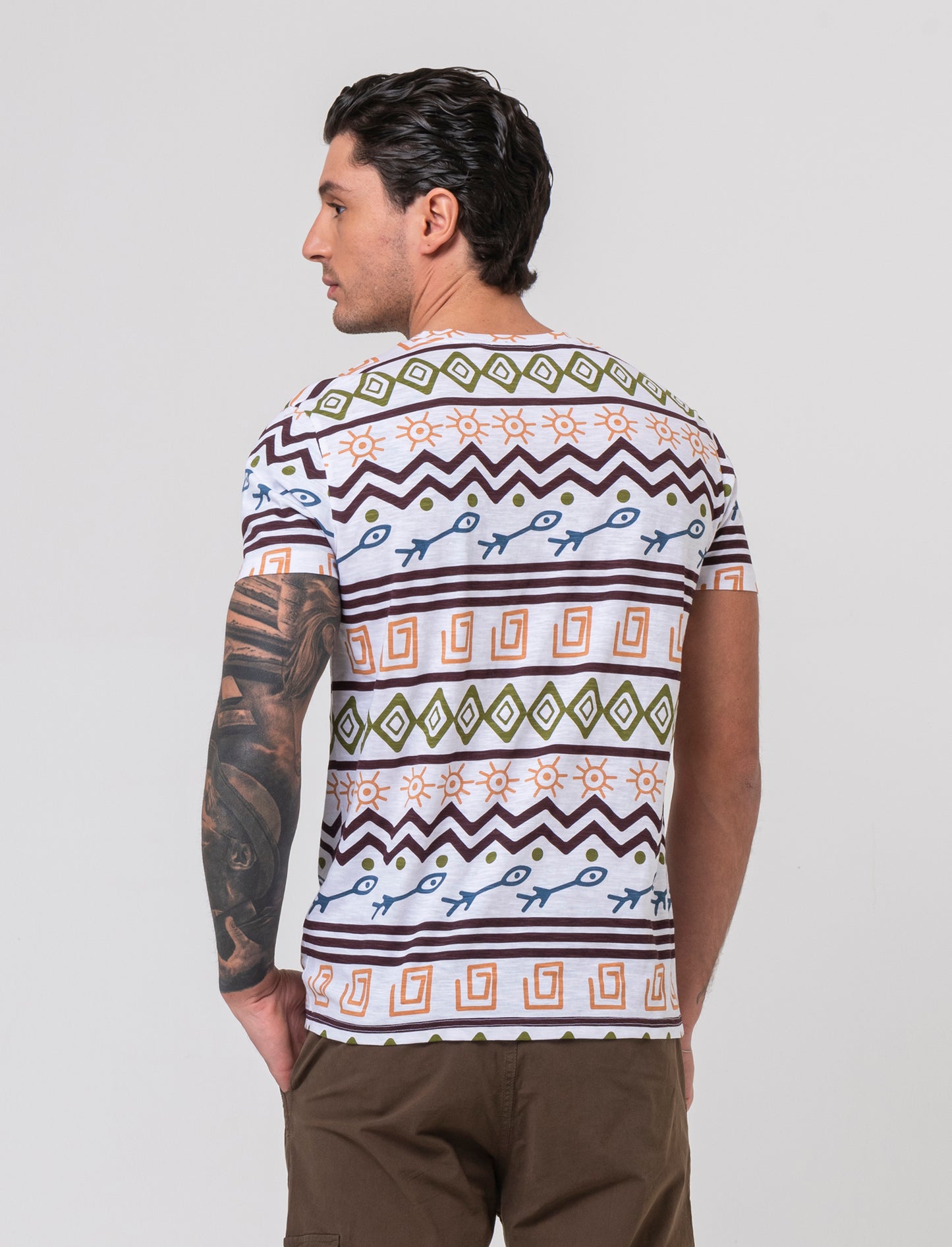 T-shirt in cotone slub con stampa azteca da uomo - Bianco