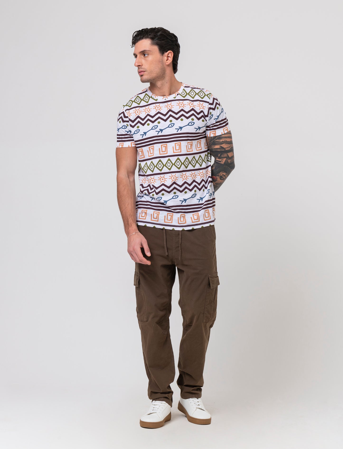 T-shirt in cotone slub con stampa azteca da uomo - Bianco