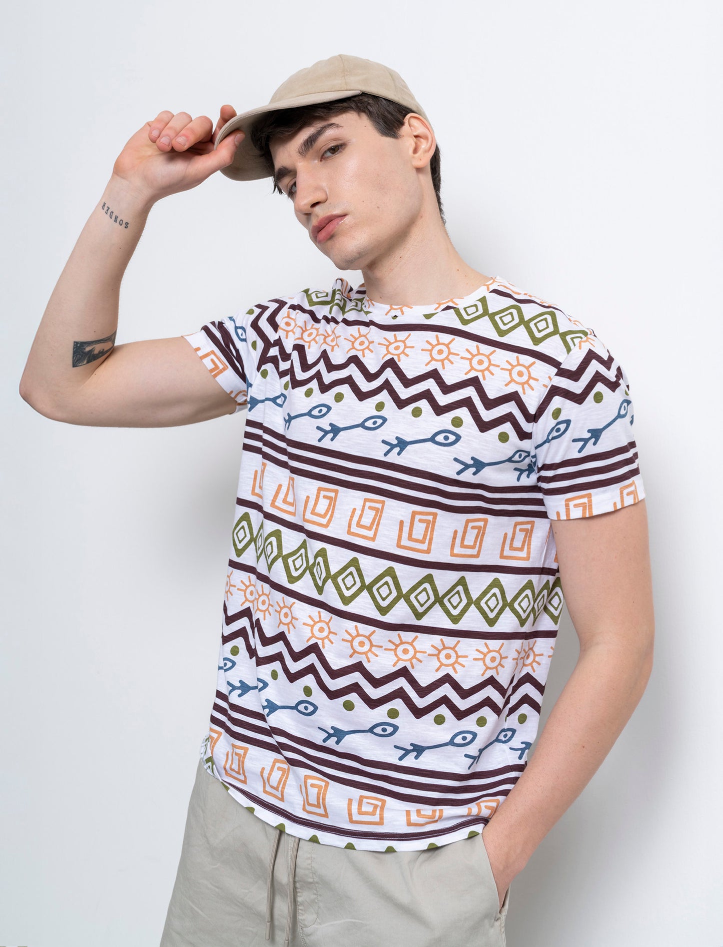 T-shirt in cotone slub con stampa azteca da uomo - Bianco