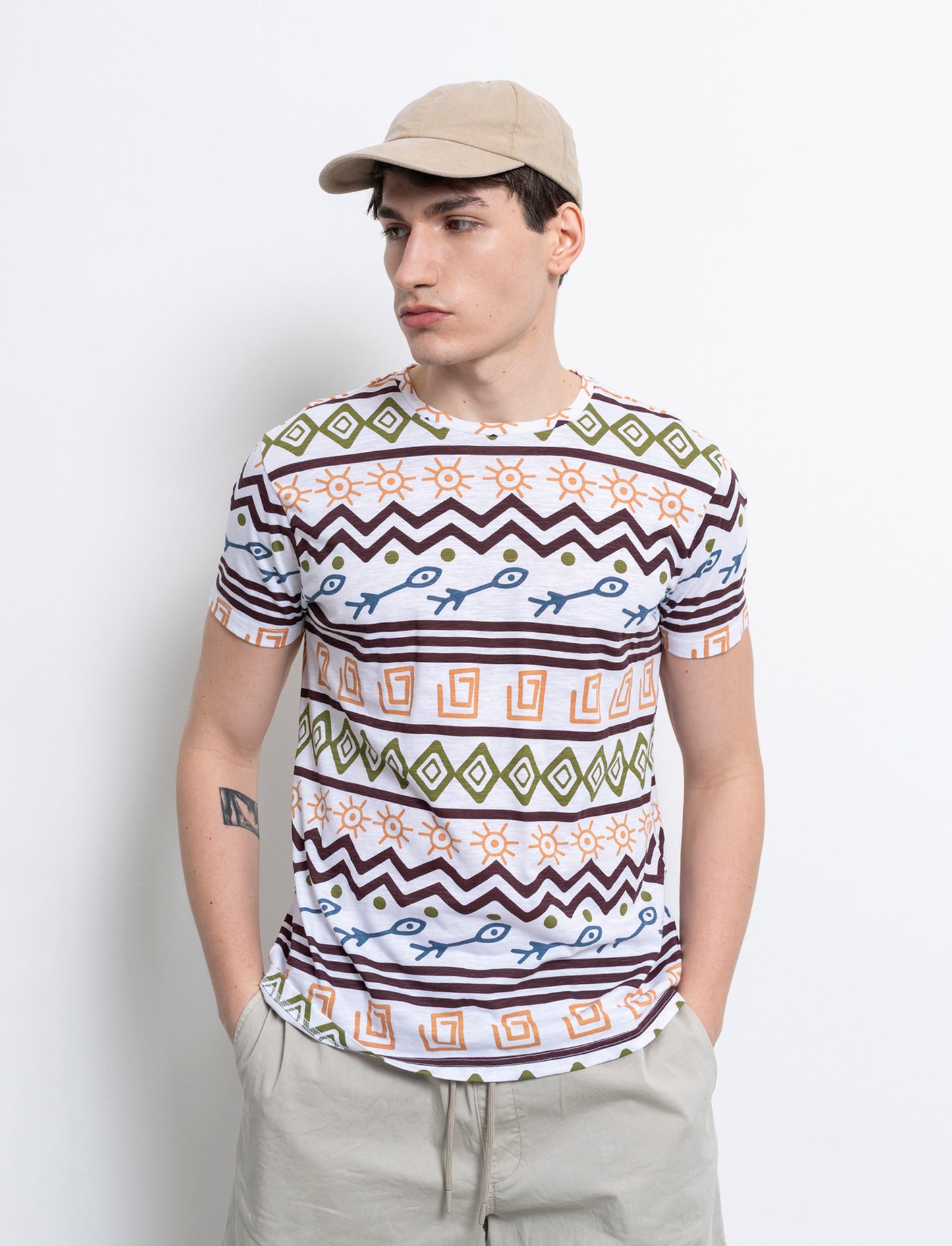 T-shirt in cotone slub con stampa azteca da uomo - Bianco