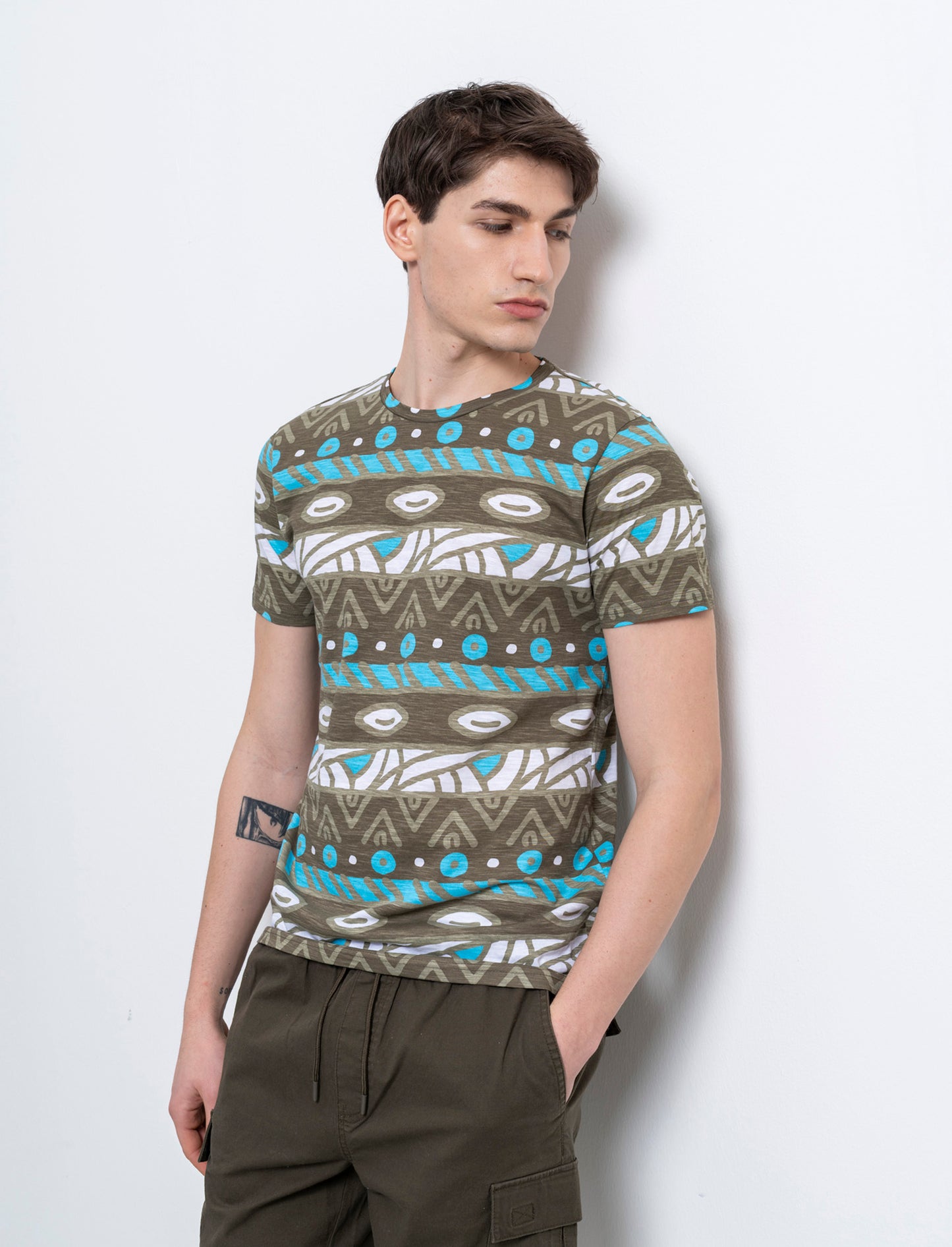 T-shirt in cotone slub con stampa azteca da uomo - Verde kaki