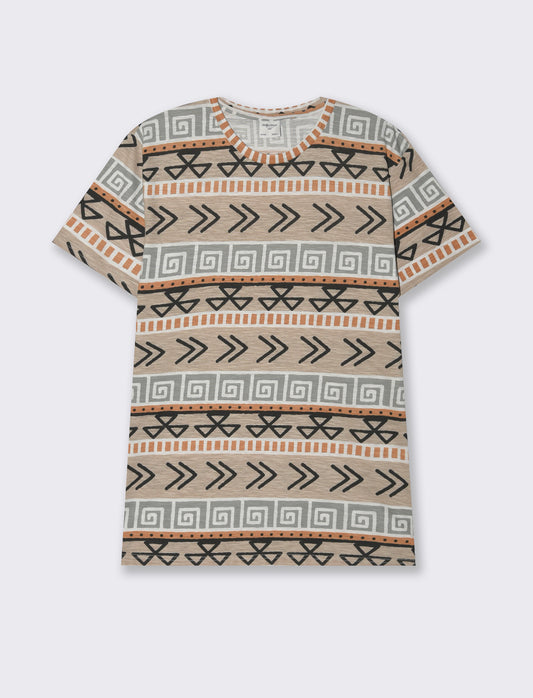 T-shirt in cotone slub con stampa azteca da uomo - Sabbia