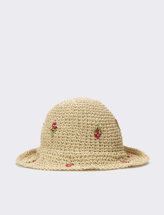 Cappello bambina pescatore con applicazioni fiori e frutta - Beige