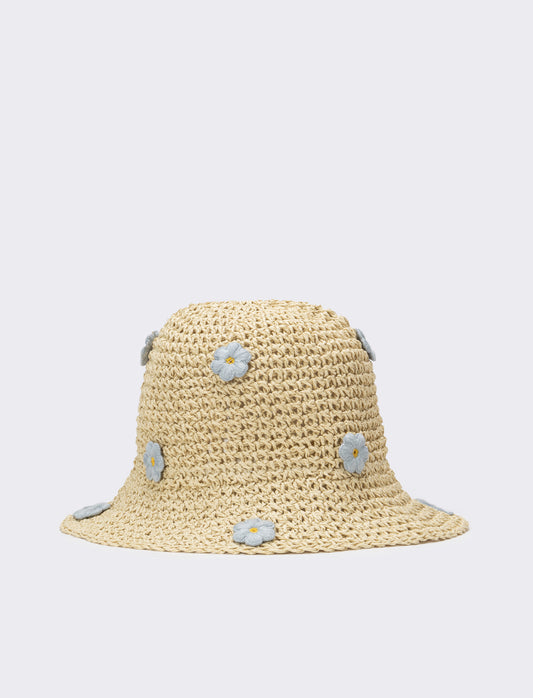 Cappello bambina pescatore con applicazioni fiori e frutta - Blu