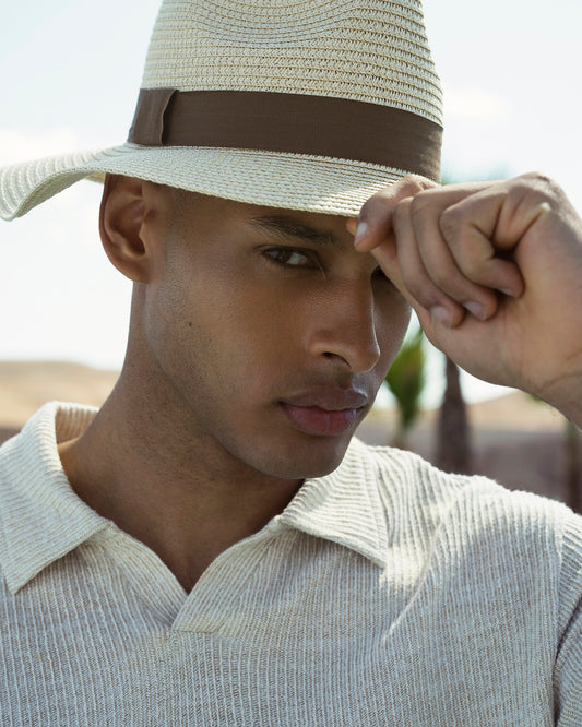 Cappello uomo a falda larga con bandana - Beige