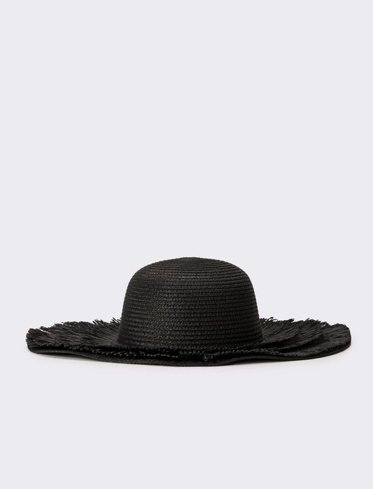 Cappello donna a falda larga con frange in raffia - Nero