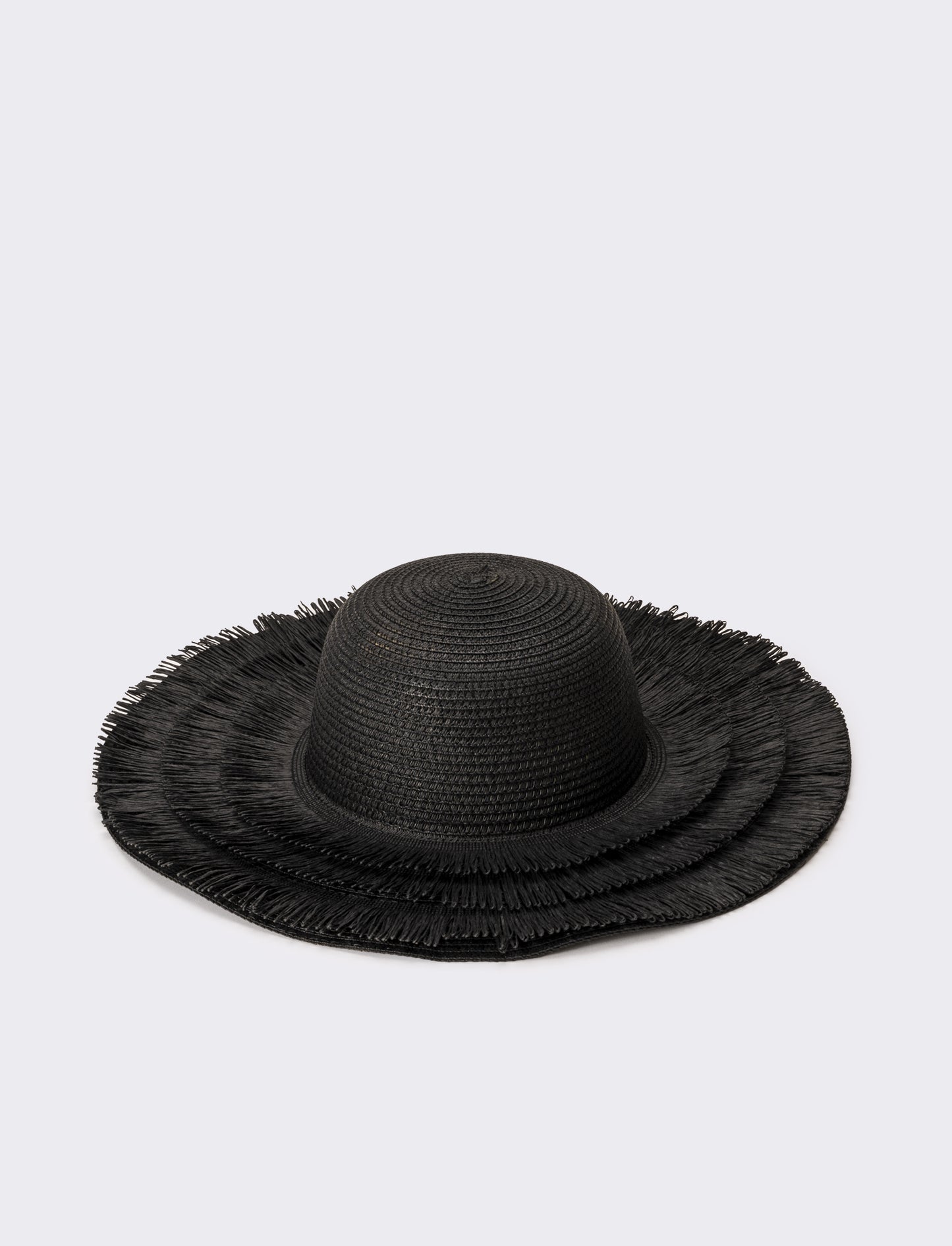 Cappello donna a falda larga con frange in raffia - Nero