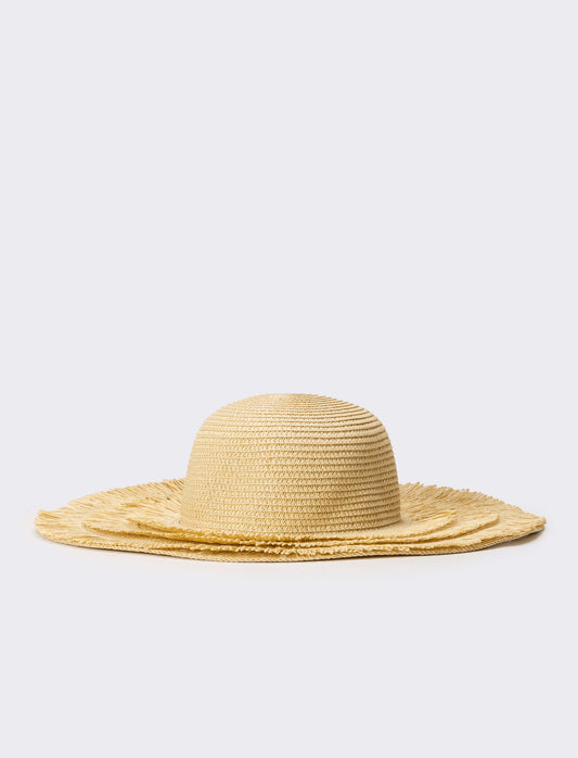 Cappello donna a falda larga con frange in raffia - Naturale