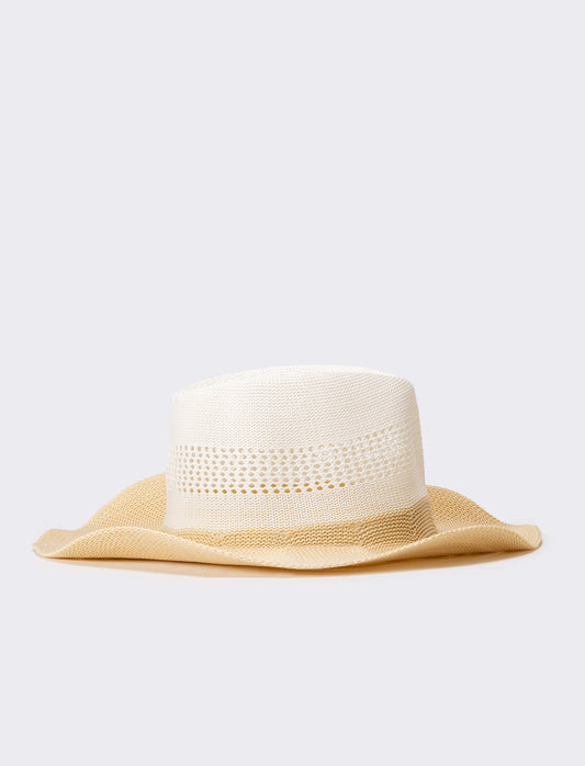 Cappello donna a falda larga modello country - Bianco-begie