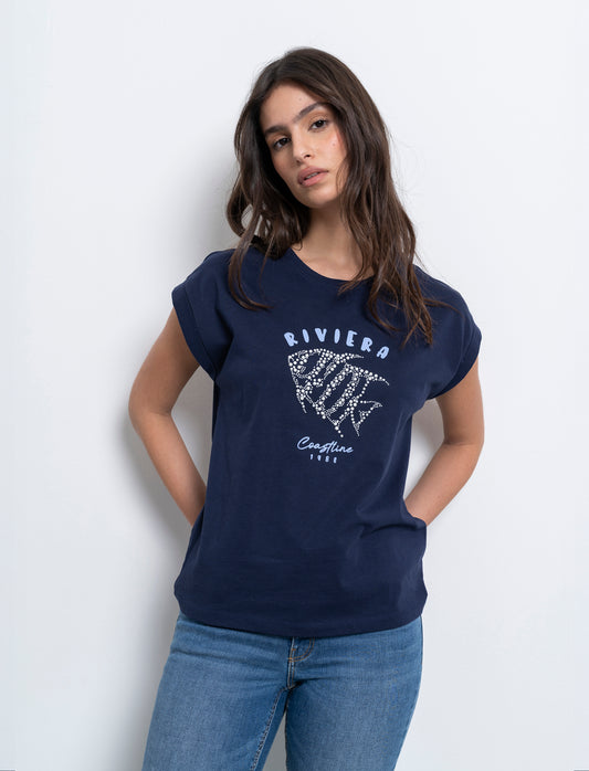 Woman's beaded print t-shirt for unique style - Blue
