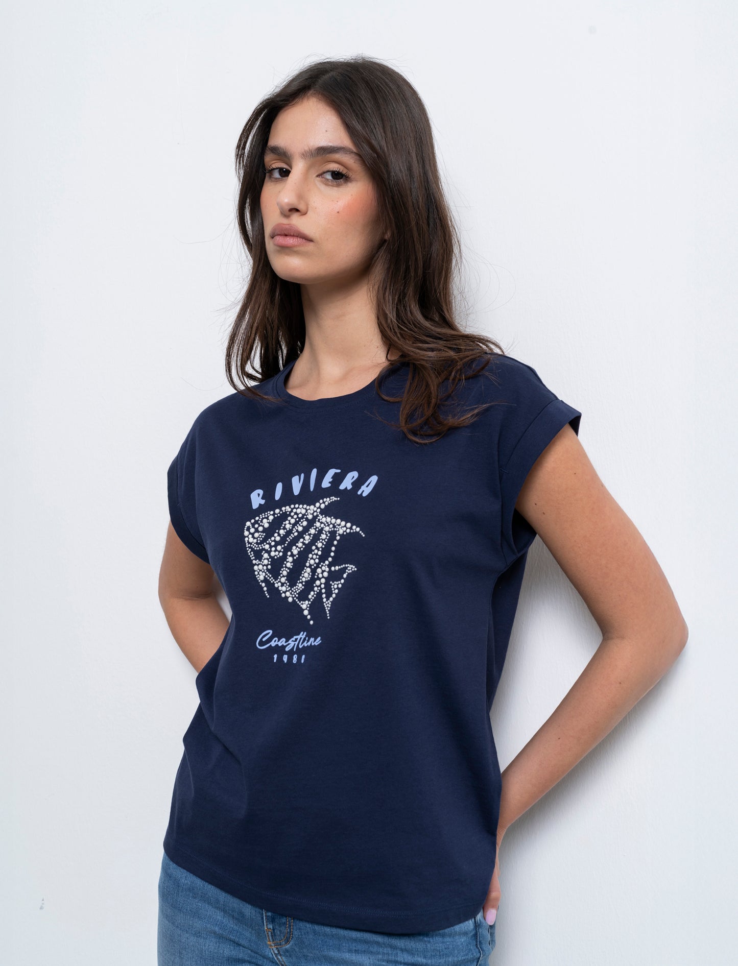 Woman's beaded print t-shirt for unique style - Blue