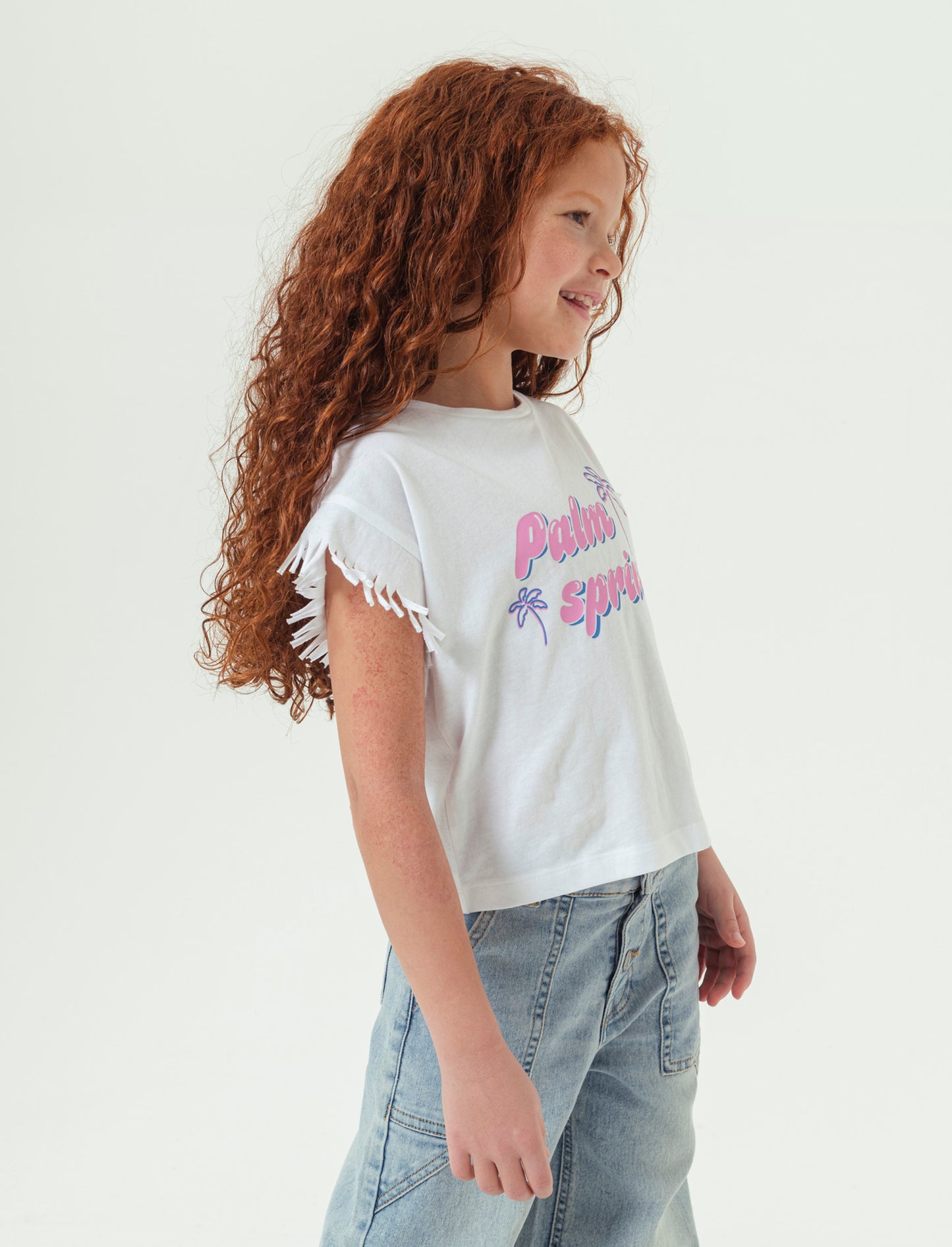 T-shirt mezza manica con frange da bambina - Bianco