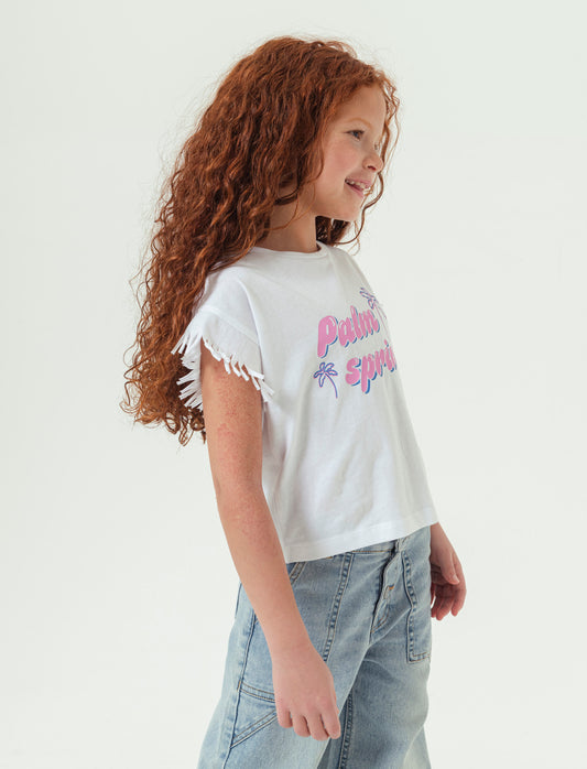T-shirt mezza manica con frange da bambina - Bianco