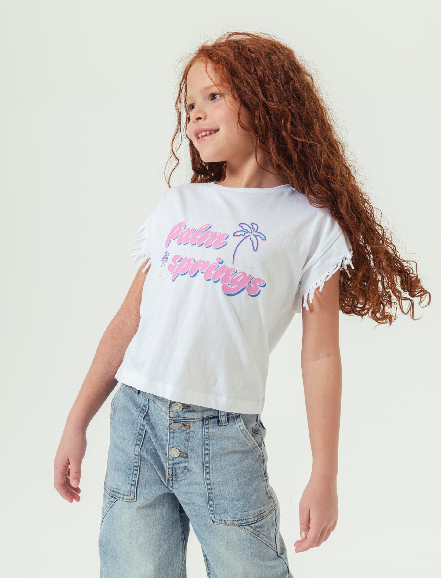 T-shirt mezza manica con frange da bambina - Bianco