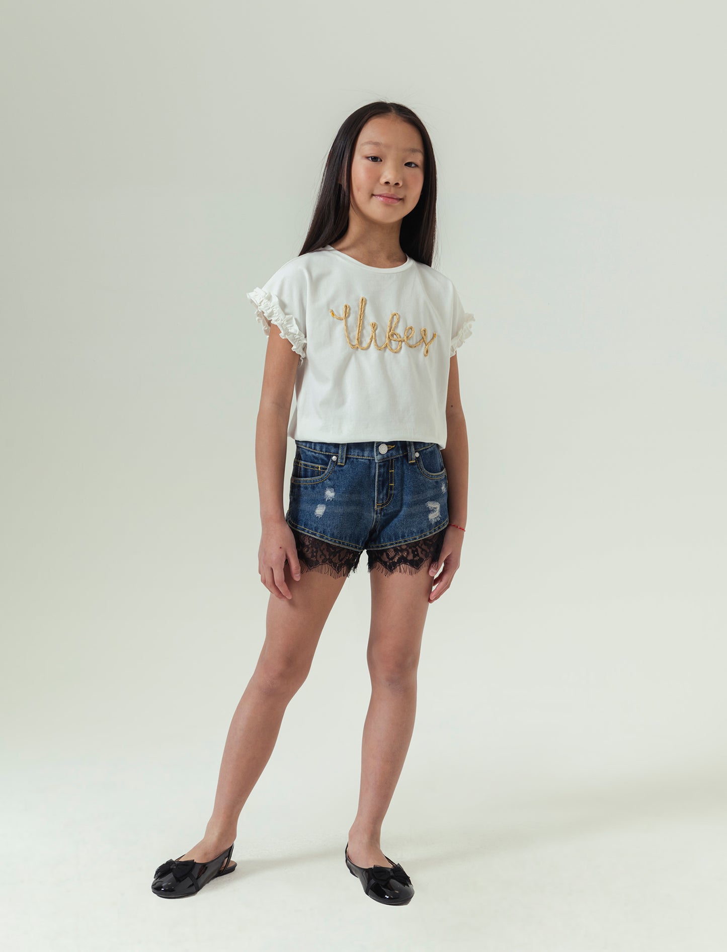 Short con pizzo da bambina - Denim