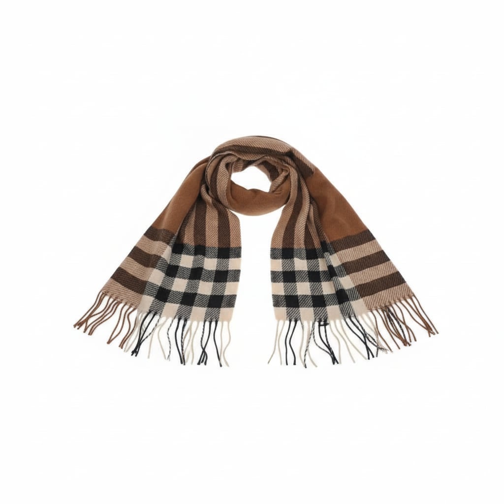 Plaid men's scarf with fringes - BROWN