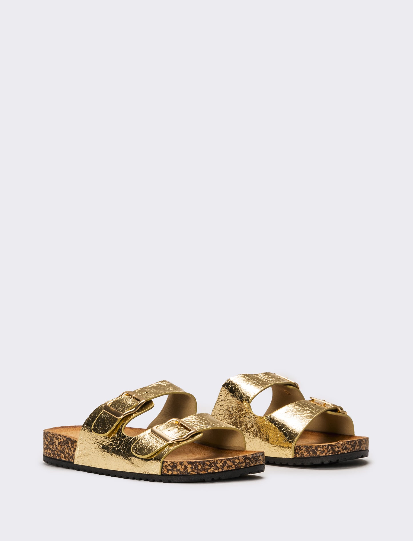 Sandalo laminato con doppia fibbia da donna - Oro