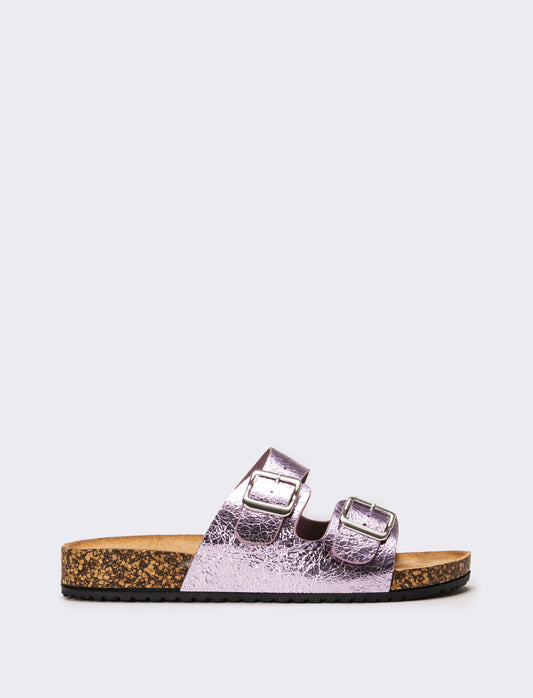 Sandalo laminato con doppia fibbia da donna - Rosa