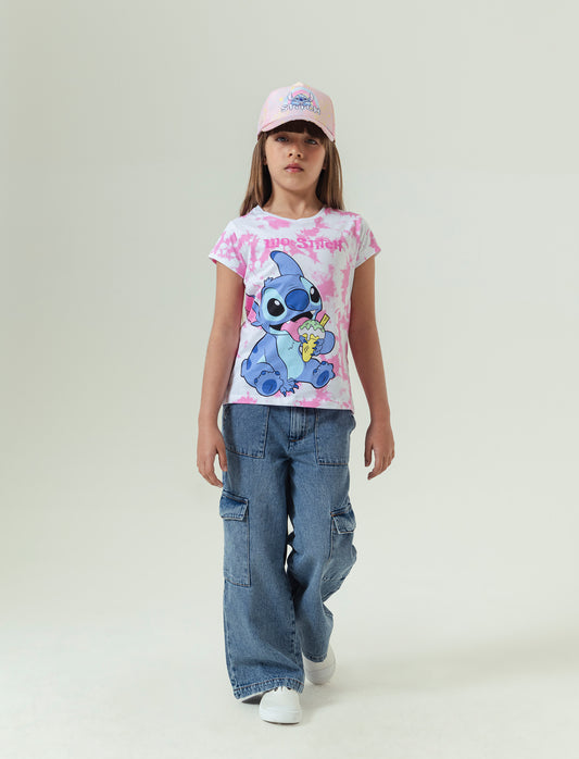T-shirt stampata tye-dye con stampa Stitch da bambina - Fantasia