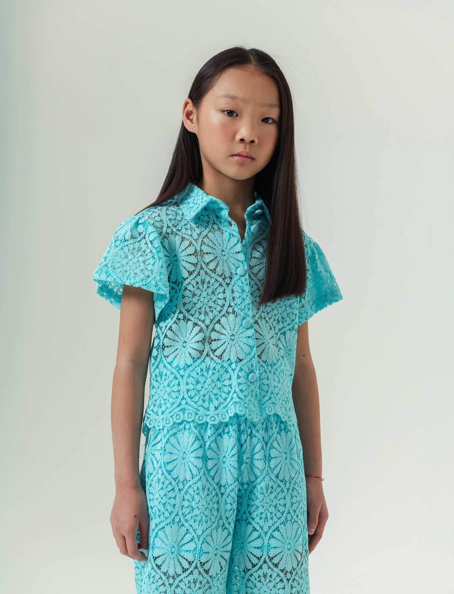 Camicia in pizzo macramè da bambina - Verde acqua