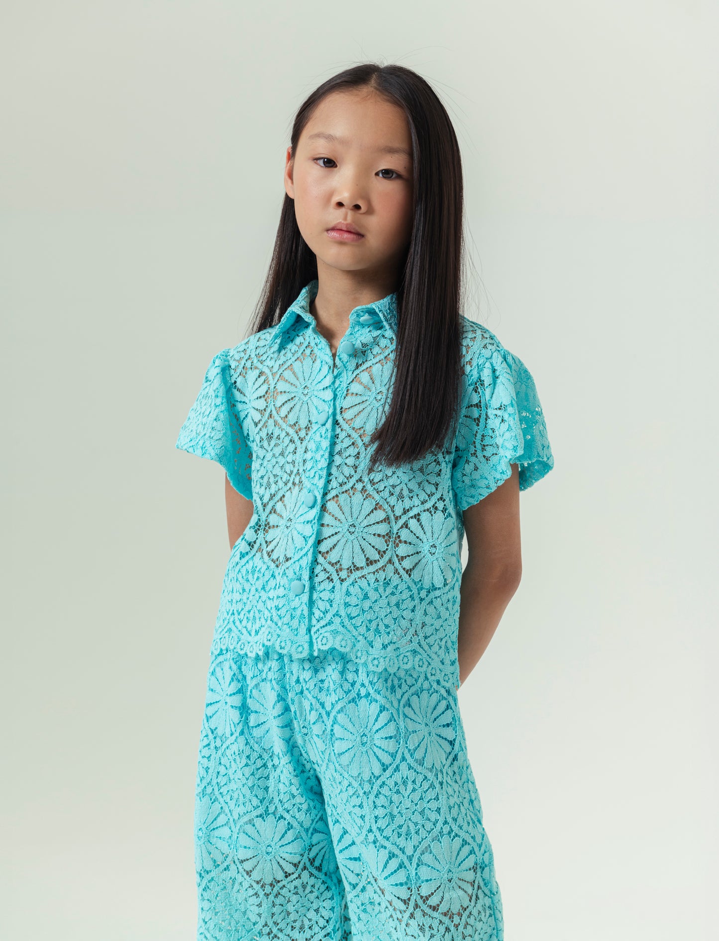 Camicia in pizzo macramè da bambina - Verde acqua