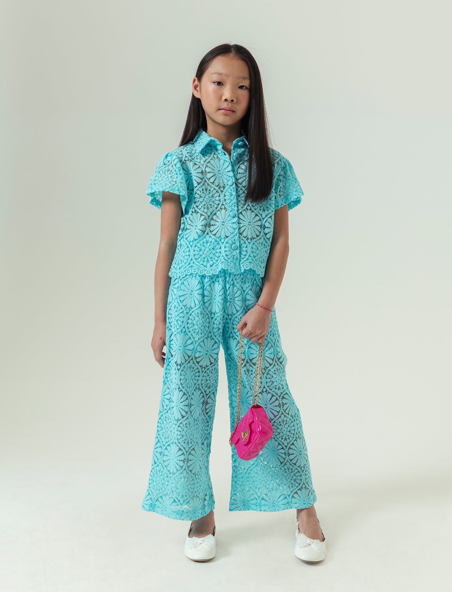 Pantalone in pizzo macramè da bambina - Verde acqua