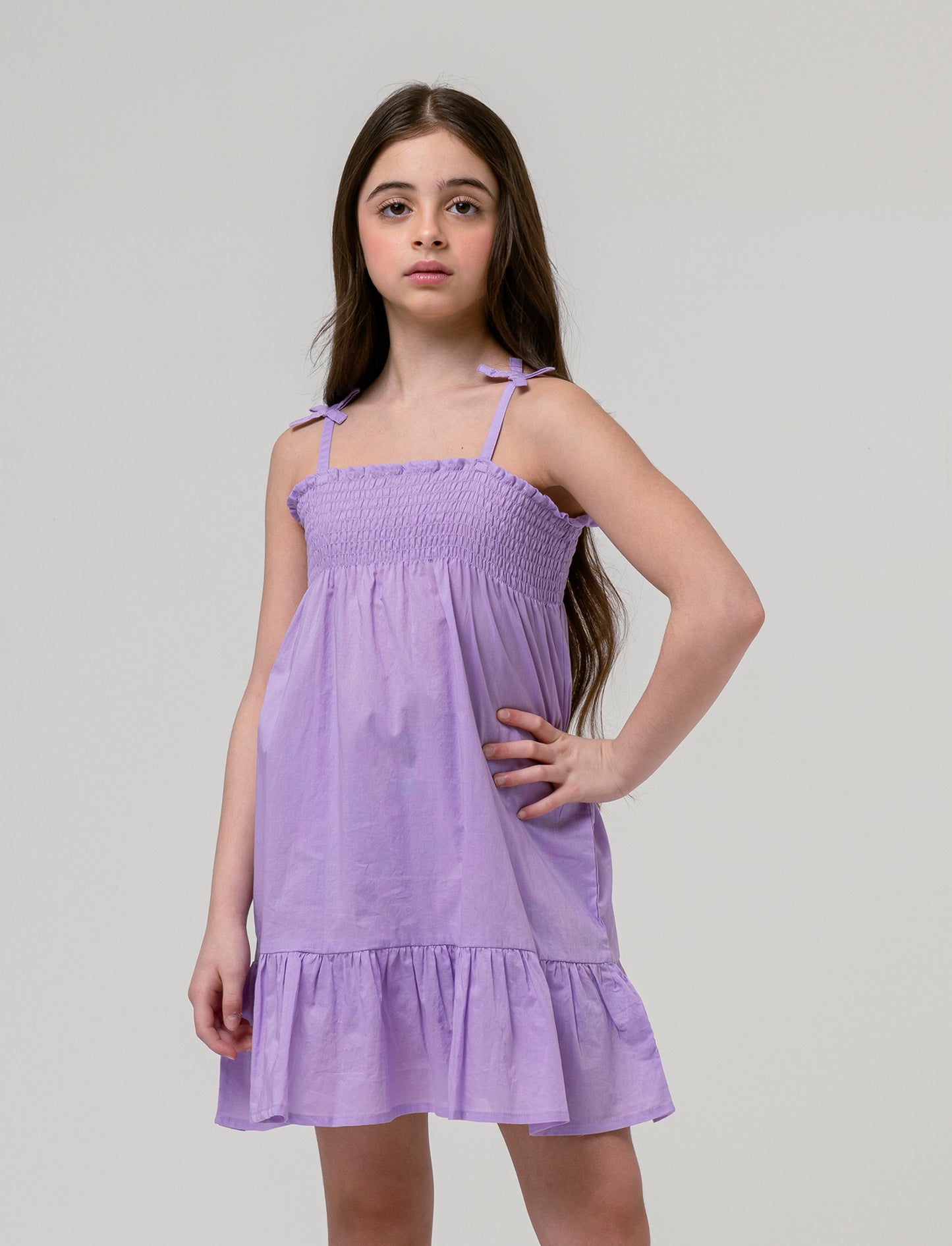 Abito in cotone con arriccio da bambina - Lilla