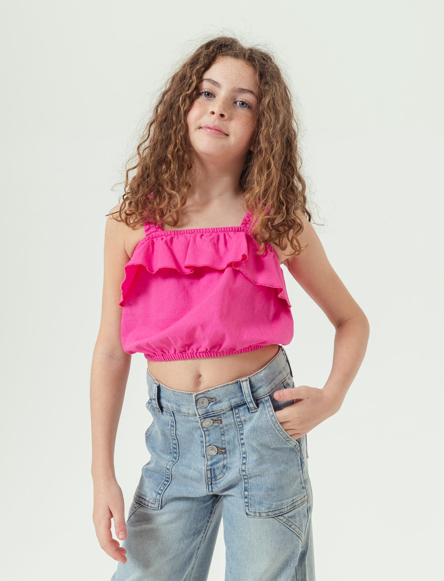 Top cropped in misto lino da bambina - Fuxia