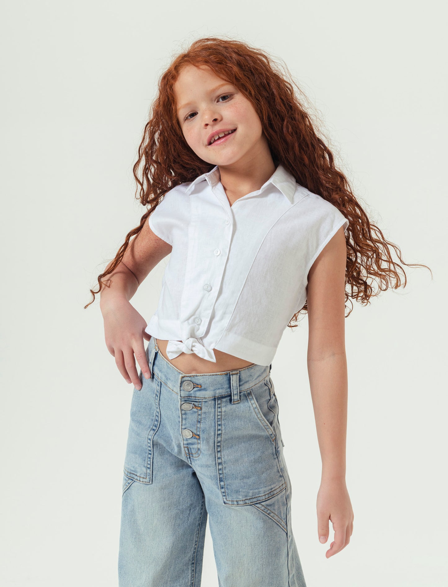 Camicia giromanica con fiocco da bambina - Bianco