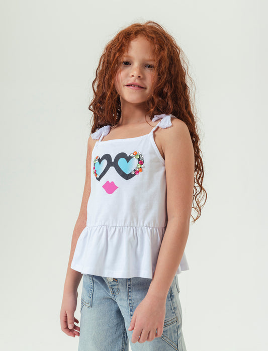 Top in jersey con stampa e pietre da bambina - Bianco