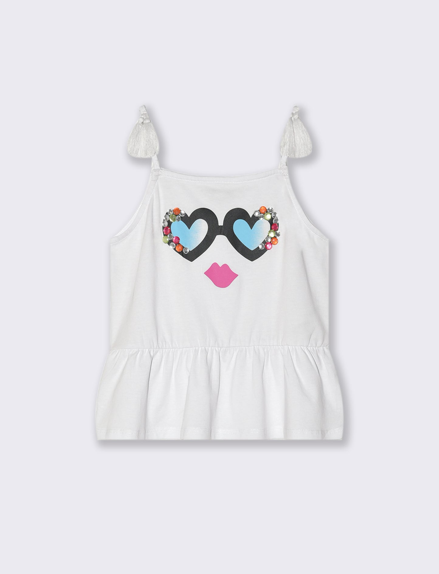 Top in jersey con stampa e pietre da bambina - Bianco