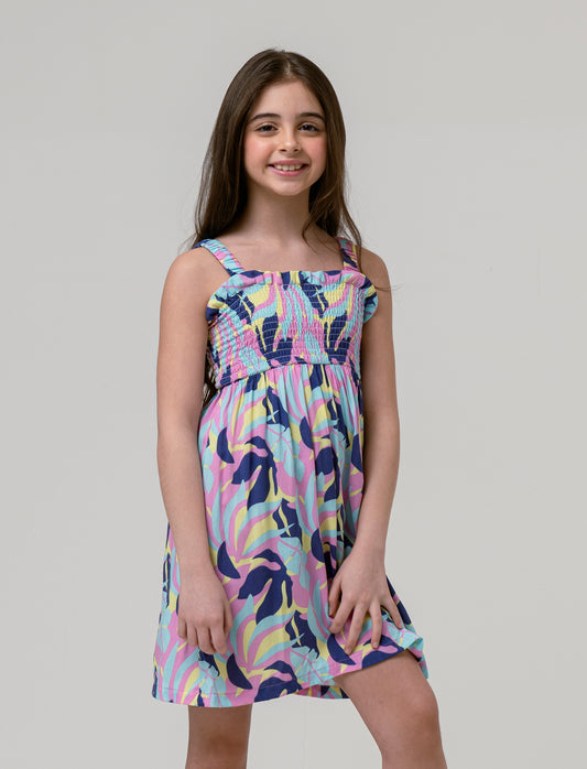 Printed Viscose Dress with Elastic Straps - Girl - Multicolor