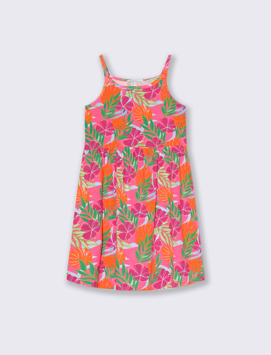 Girls Ruffled Dress 100% Cotton Bright Prints - Fuxia