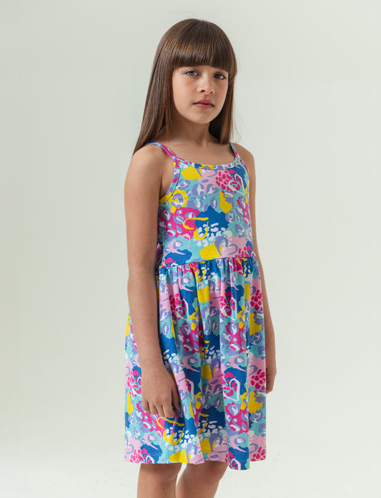 Girls Ruffled Dress 100% Cotton Bright Prints - Sky blue